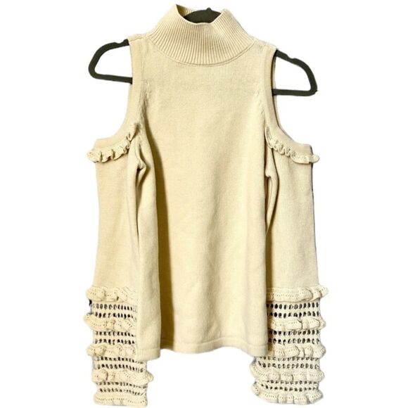 NEW Jonathan Simkhai cream wool cutout crochet ruffle mock neck sweater size S - Picture 2 of 9